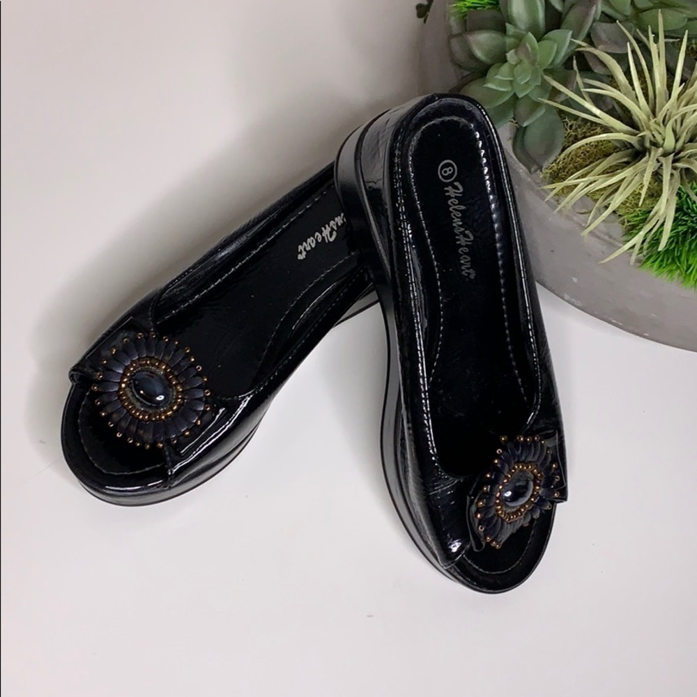 Patent Leather Beaded Clasp Slide Open Back shoe black